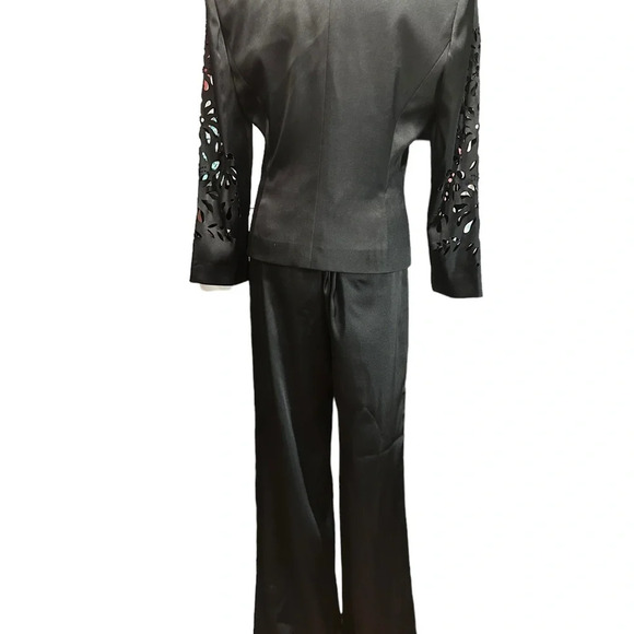 KM Collections By Milla Bell Black Satin Punch Hole Pantsuit Bell Bottoms Prom - Picture 2 of 11